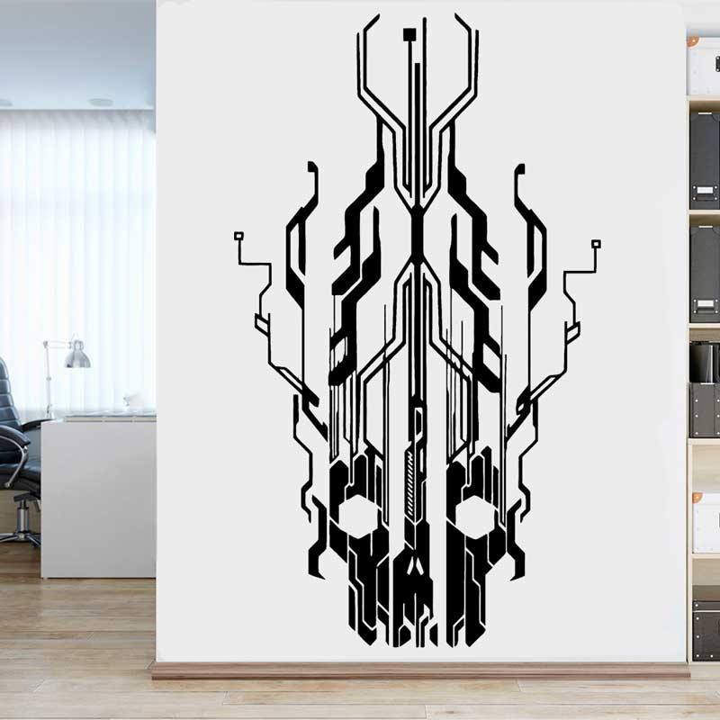Office Tech Decor - ชิปวงจร Tech Skull ไวนิลสติ๊กเกอร์ติดผนังสำนักงานธุรกิจบ้านเด็กห้องเด็กเล่น Study Internet