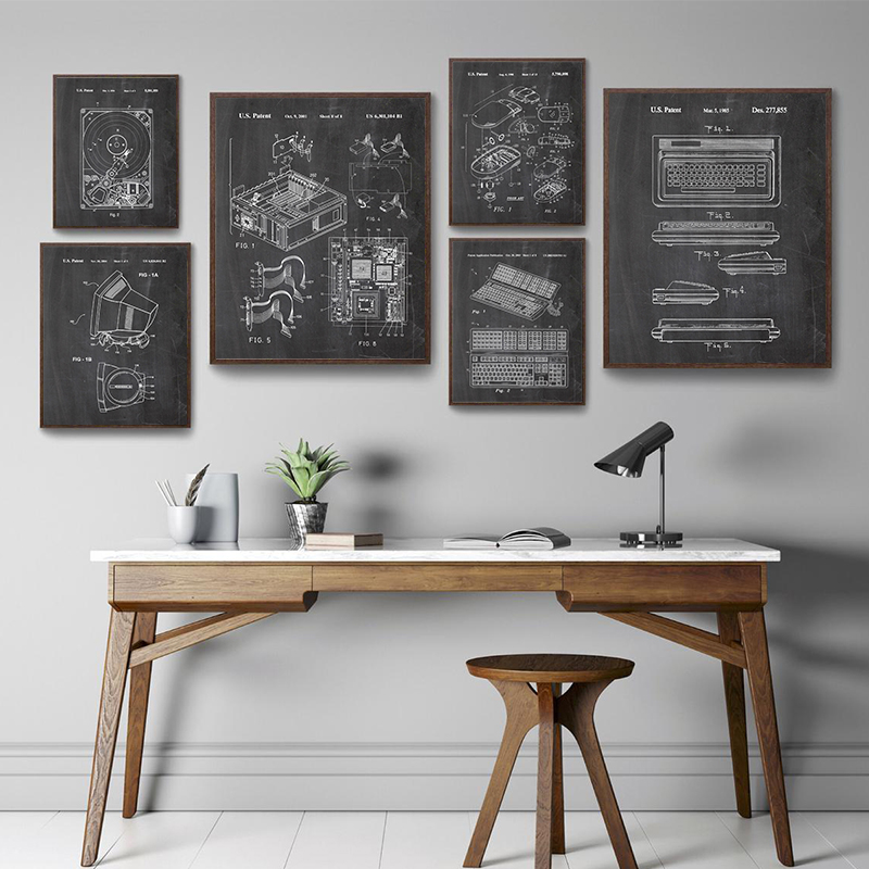 Office Tech Decor - ชุดภาพศิลปะติดผนังลายสิทธิบัตรคอมพิวเตอร์สไตล์วินเทจ 6 ชิ้น ภาพพิมพ์แบบแปลนเทคโนโลยีสำหรับตกแต่งสำนักงานและห้องเกมเมอร์