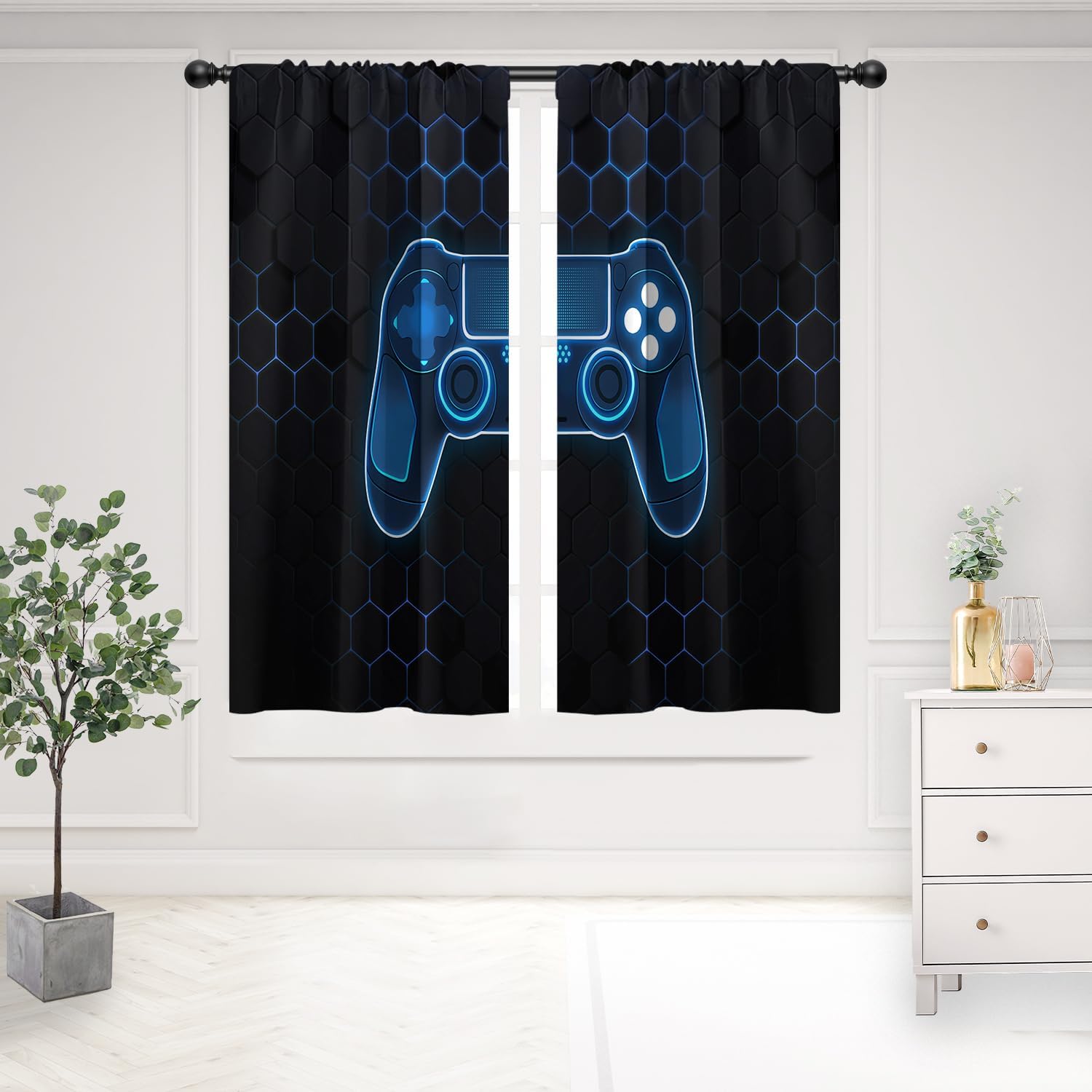 Office Tech Room - ม่านเกมมิ่งหรูหราสำหรับคอนโทรลเลอร์ PS สีน้ำเงินนีออน ตกแต่งหน้าต่างสไตล์เทคโนโลยี โมเดิร์น สวยงามแบบวิดีโอเกม