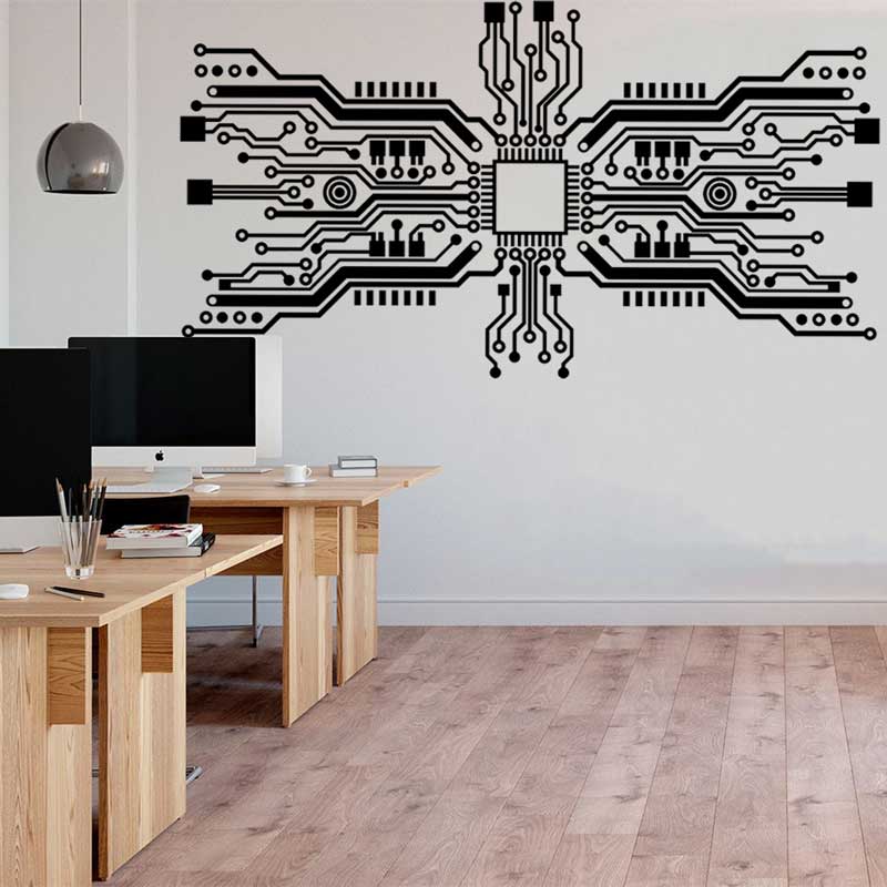 Office Tech Room - ชิปวงจรสติกเกอร์ติดผนังเทคโนโลยีซีพียูคอมพิวเตอร์ IT Science ซอฟต์แวร์ห้องเล่นวิทยาศาสตร์สำนักงานตกแต่งห้องไวนิลของขวัญ19ชิ้น