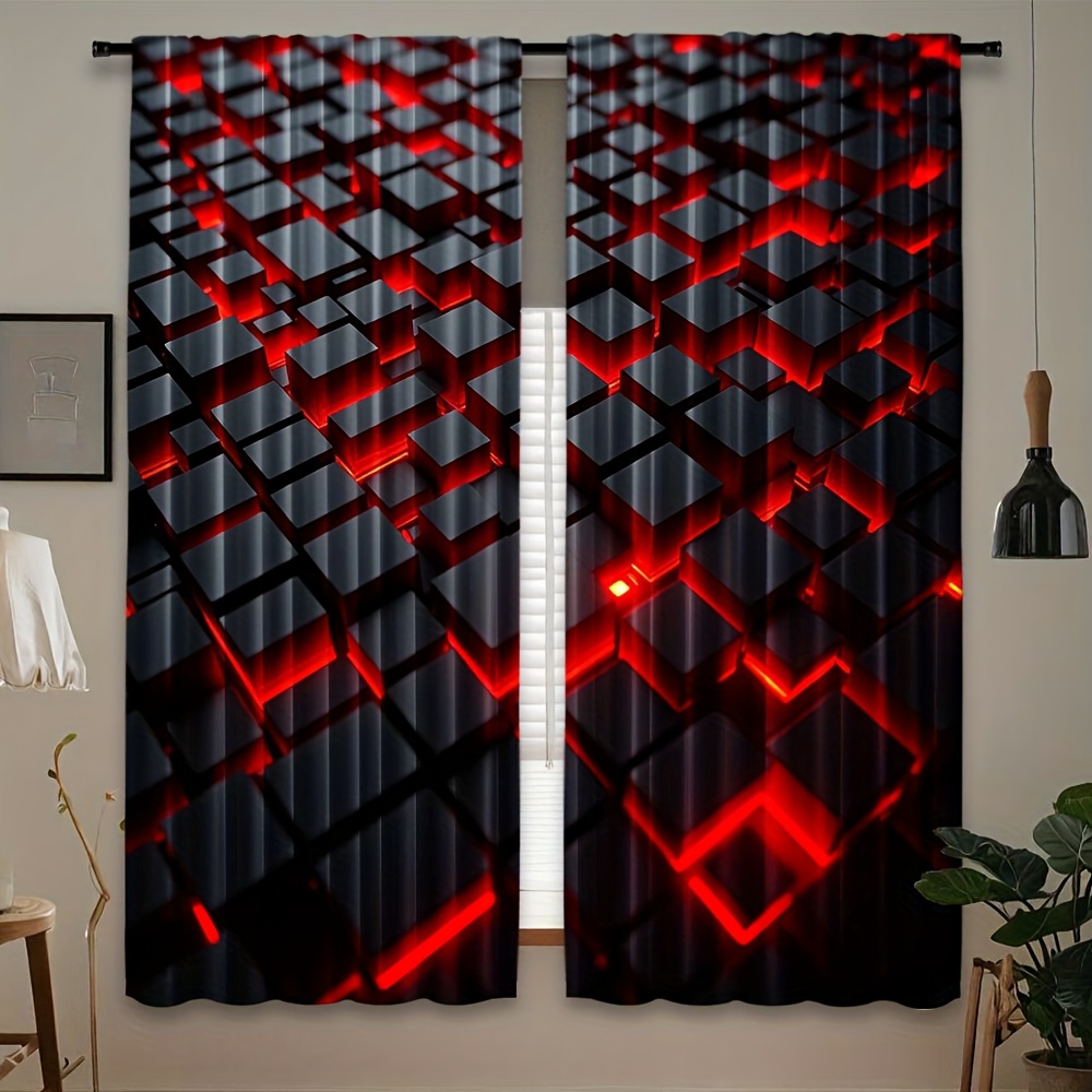 ผ้าม่านลายเรขาคณิต 2 ชิ้น สีแด - Office Tech Room บทวิจารณ์และราคา
